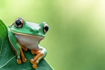 Obraz premium A vibrant green frog is perched upon a lush green leaf quietly