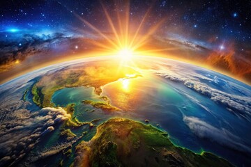 Fototapeta premium Witness Earth's stunning sunrise from space; a breathtaking cosmic dawn unfolds.