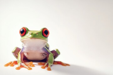 Fototapeta premium A green frog with vivid red eyes is sitting on a clean white surface