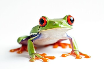 A green frog with vivid red eyes is sitting on a clean white surface