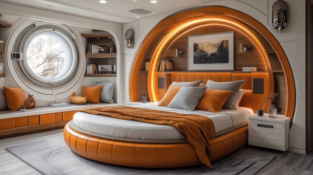 Futuristic round bed, spaceship bedroom, mountain view