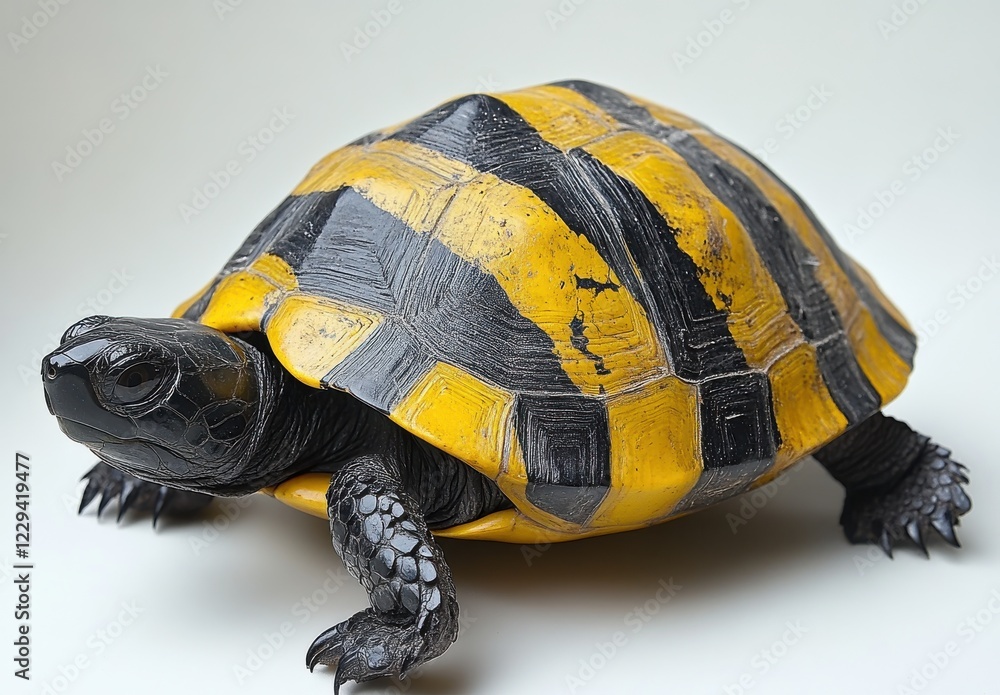 Poster realistic and colorful turtle with striking yellow and black shell posing on neutral background