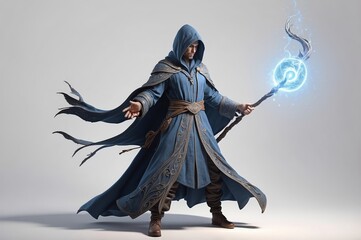 Fototapeta premium A powerful wizard in a flowing blue robe, holding a glowing staff, stands against a light grey background.