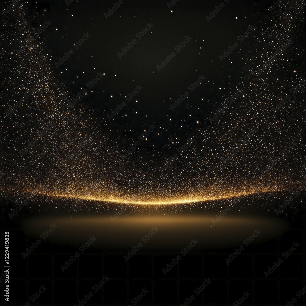 Poster swirling particles of gold light against a dark background creating a glowing and sparkling effect, 