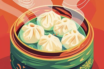 Illustrated steaming soup dumplings in a translucent bamboo steamer, street food, illustration, 3D, AI generated