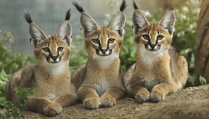 AI generated, animal, animals, mammal, mammals, biotope, habitat, three kittens, frontal, portraits, foraging, wildlife, Africa, South Africa, Asia, Central Asia, steppes, cat, cats, predator, caracal, desert lynx, caracal caracal), rests, hunts. jumps, Africa