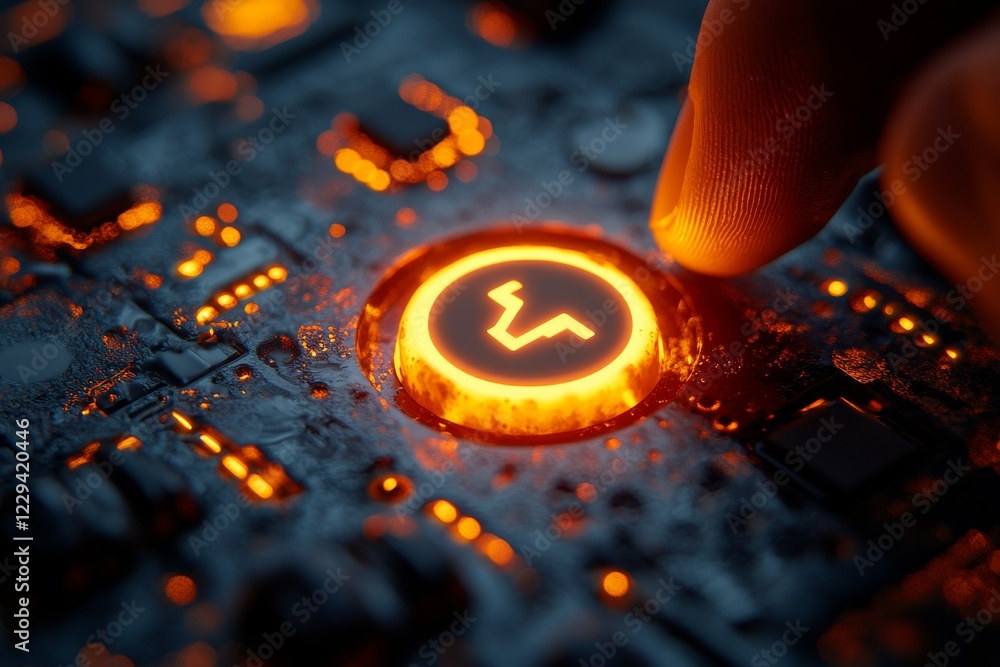 Poster finger pressing glowing button on a circuit board in a dark environment showcasing technology
