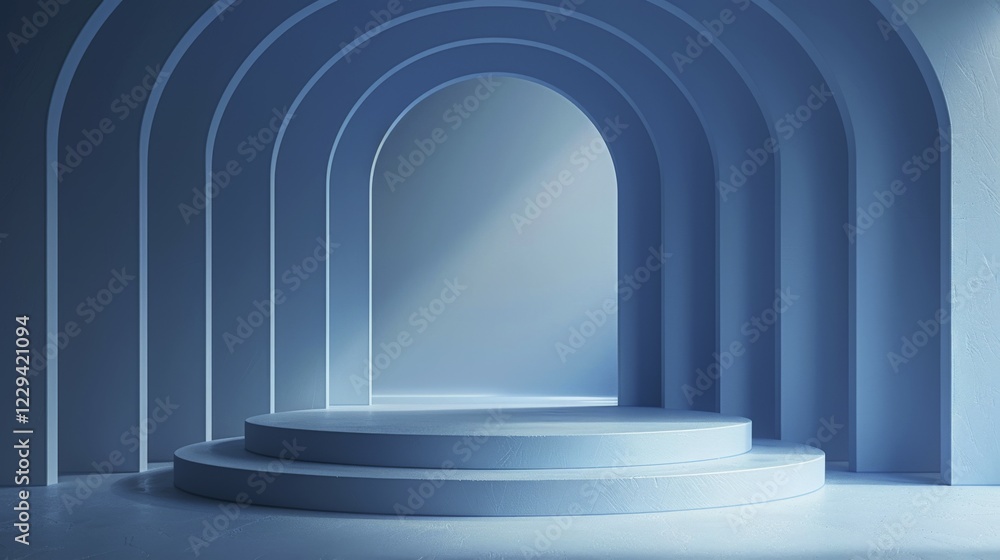 Poster minimalistic abstract image featuring blue archways with subtle light and shadow effects, ai generat