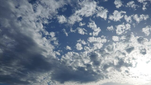 Altocumulus high cumulus heaped cloud genus belongs to stratocumuliform. Globular masses or rolls in layers or patches. Cumuliform stratocumuliform clouds, altocumulus signifies convection. Blue sky.