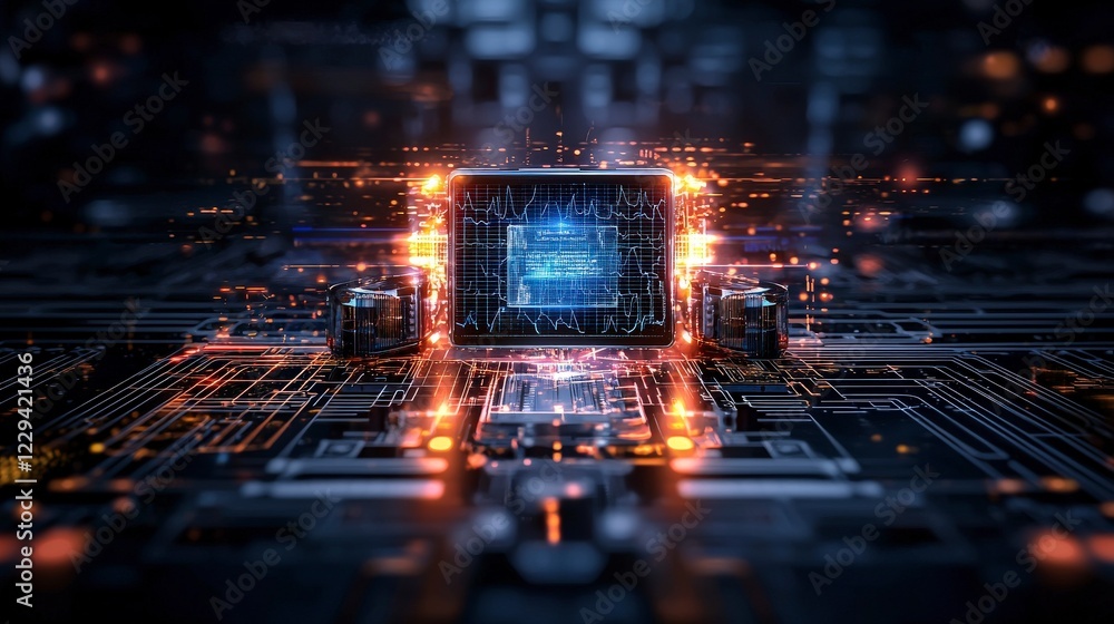 Poster Futuristic holographic system transferring data in secure technology environment close-up view digital circuitry concept