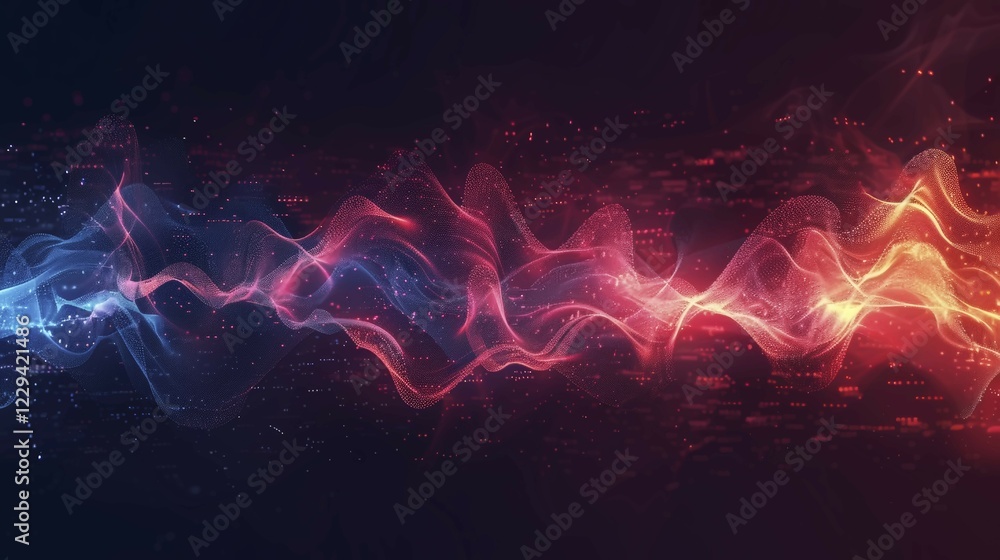 Poster colorful abstract digital art with undulating patterns in blue, orange, and red on a black backgroun
