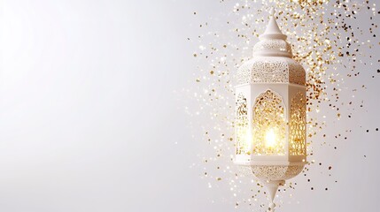 Ramadan greeting card on fire, decorative white lantern. Shining festive holy month invitation. 3D illustration. Pack of Gold Confetti Particles on White Background with Matte Luma Channels