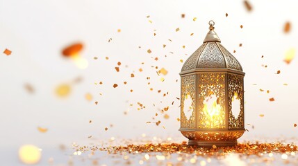 Ramadan greeting card on fire, decorative white lantern. Shining festive holy month invitation. 3D illustration. Pack of Gold Confetti Particles on White Background with Matte Luma Channels