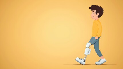 Boy Walking with Prosthetic Leg Against Yellow Background