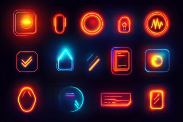 Modern digital icons featuring neon colors in a dark background showcasing various shapes and designs