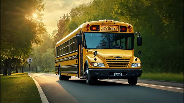 A bright yellow school bus drives along a tranquil backroad at sunrise, setting the tone for a new adventure on a crisp autumn morning