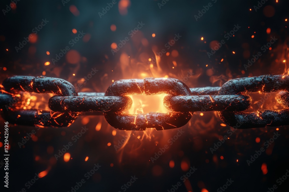 Poster chain links igniting with sparks and flames in a dark environment with mystical lighting effects