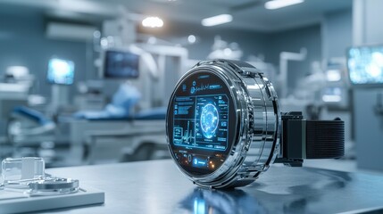 Futuristic wearable device showcasing holographic interface in high-tech laboratory environment