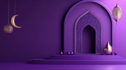 Ramadan greeting graphic. 3d modern Islamic holiday banner in purple monotone design Podium display with metal moon Ramadan lantern and mosque portal 