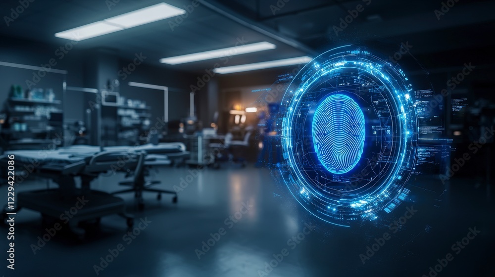 Poster Unlocking security a glowing blue holographic fingerprint in a high-tech lab environment