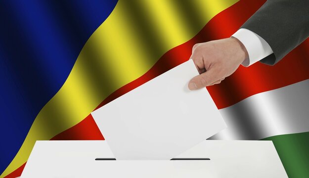 The Seychelles flag and the hand with the bulletin about the ballot box