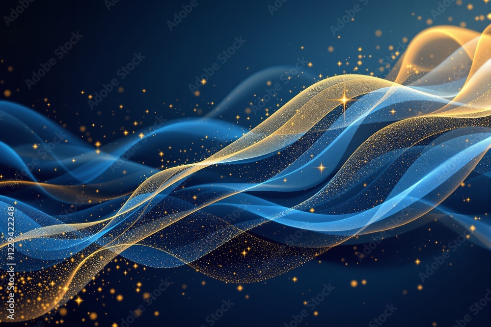 Poster flowing blue and gold wave lines with sparkling particles on a dark gradient background. abstract co
