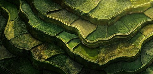 Obraz premium Rice Terraces Aerial View: A breathtaking aerial shot captures the vibrant green hues and intricate patterns of cascading rice terraces, showcasing the beauty of agricultural landscapes.