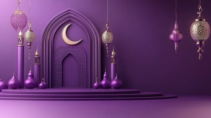 Ramadan greeting graphic. 3d modern Islamic holiday banner in purple monotone design Podium display with metal moon Ramadan lantern and mosque portal 