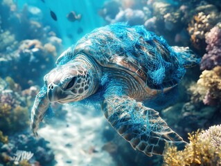 Sea turtle entangled in blue plastic waste floating gracefully through stunning coral reef underwater ecosystem with vibrant marine life