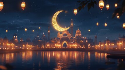 Ramadan illustration with lanterns and golden ornate crescent moon background, Eid al-Fitr illustration with mosque in night view 