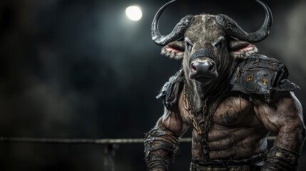 Fototapeta premium Buffalo wrestler dominates the ring wrestling arena action shot intense environment close-up power and strength