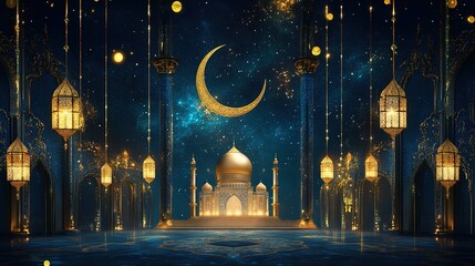 Ramadan illustration with lanterns and golden ornate crescent moon background, Eid al-Fitr illustration with mosque in night view 