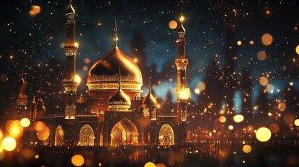ramadan kareem 3d and 3d calligraphy, night fireworks celebration with abstract multicolor gold shining fireworks background with bokeh lights in the night sky.