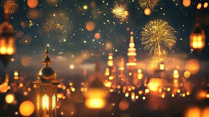 ramadan kareem 3d and 3d calligraphy, night fireworks celebration with abstract multicolor gold shining fireworks background with bokeh lights in the night sky.
