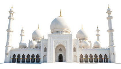 Fototapeta premium Elegant White Mosque with Multiple Domes – Isolated on transparent Background