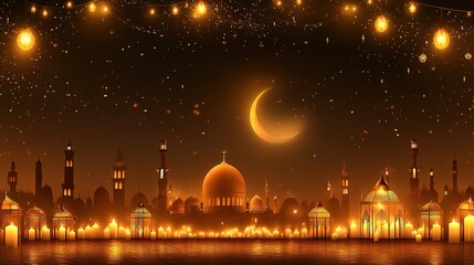 Ramadan Kareem, mosque and moon background, place text greeting banner. with holiday lantern candles and bokeh lights create a cozy and festive atmosphere