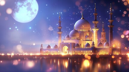 Ramadan Kareem, mosque and moon background, place text greeting banner. with holiday lantern candles and bokeh lights create a cozy and festive atmosphere