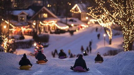the delight of discovering a hidden sledding hill perfect for racing down at top speed. a group of neighbors decorating their homes in a friendly competition to create the most festive display.