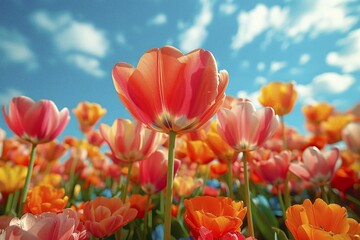 Obraz premium Low angle view of vibrant tulips reaching towards a blue sky with fluffy clouds, AI generated