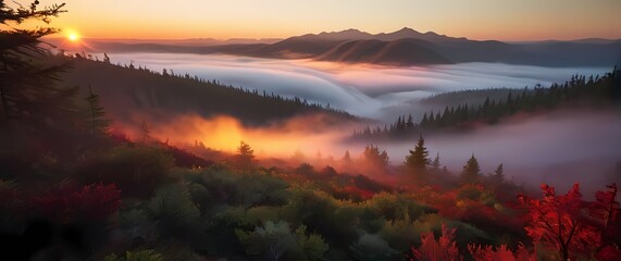 A stunning sunrise illuminating an untouched wilderness landscape highlighting vibrant colors in the foliage
