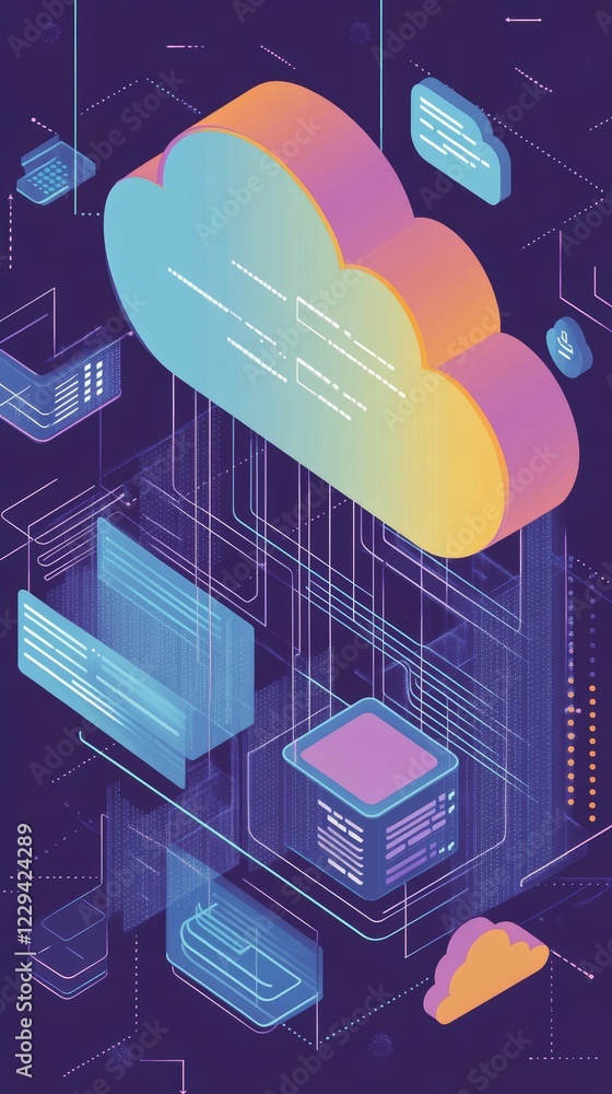 Poster futuristic cloud computing graphic illustrating advanced network integration