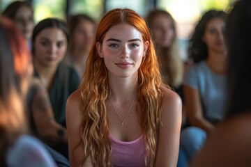 Fototapeta premium Young woman with long orange hair sits among a group of classmates in a bright and spacious learning environment