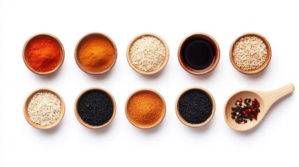 Colorful Display of Asian Seasonings in Wooden Bowls and Spoon