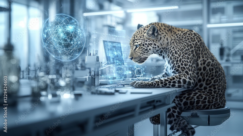 Poster A leopard physicist analyzing quantum dynamics in a futuristic laboratory high-tech environment scientific insight