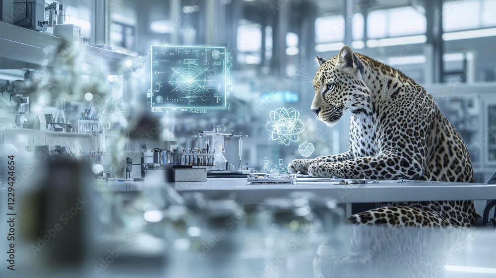 Aufkleber A leopard physicist solving quantum challenges in a high-tech lab environment dynamic conceptual visualization