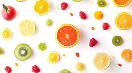 A white background with a variety of fruits including oranges, kiwis, and raspberries