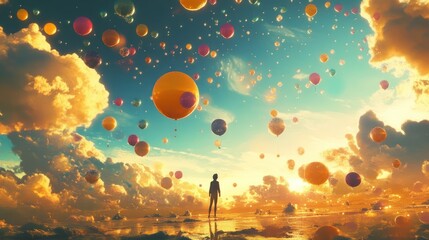 A mesmerizing scene of colorful balloons floating in a dreamlike sky, with a lone figure silhouetted against a stunning sunset.