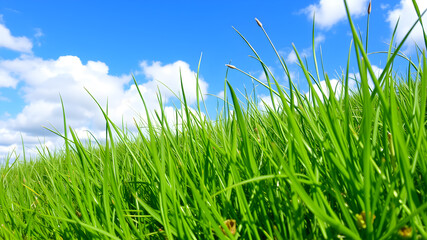 Fototapeta premium Green grass and blue sky with white clouds