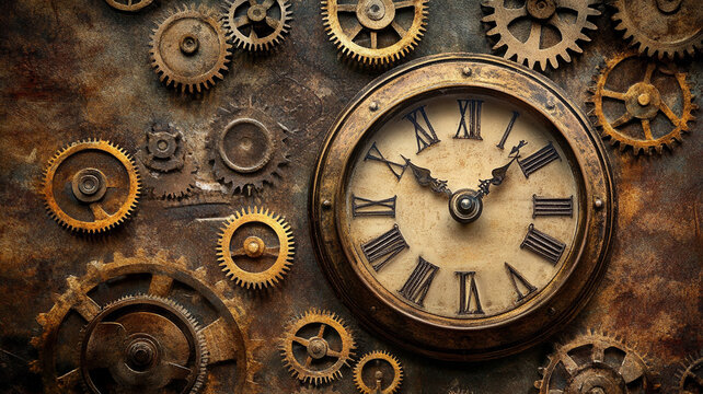 Vintage clock with intricate gears and Roman numerals set against a weathered metal background
