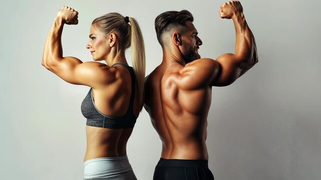 Athletic muscular man and woman standing back to back and show a biceps muscle.